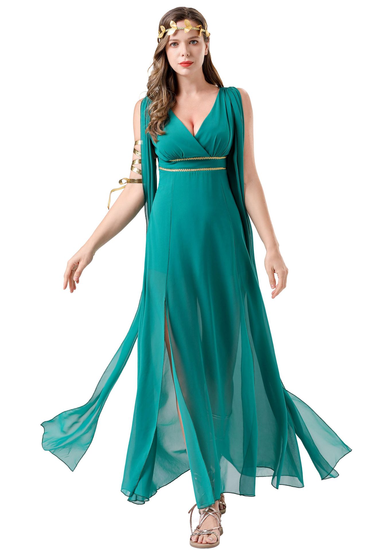 Halloween Cosplay Greek Goddess Dress - Green Chiffon Slit Maxi Gown